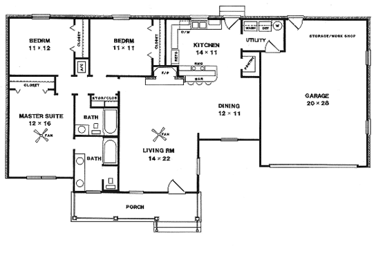 Floor Plan - Main Floor for Country House Plan #14-136 - 3 bed, 2 bath
