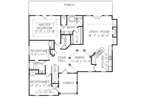 Floor Plan - Upper Floor for Colonial House Plan #54-127 - 3 bed, 3 bath
