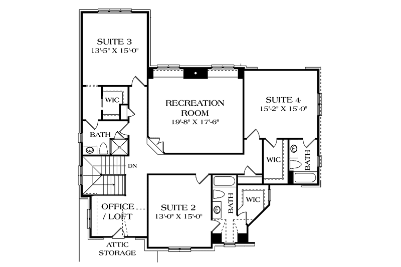 House Blueprint - Floor Plan - Upper Floor for European House Plan #453-576 - 4 bed, 4.5 bath