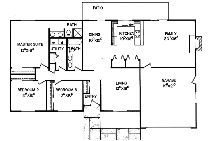 House Blueprint - Floor Plan - Main Floor for Ranch House Plan #60-737 - 3 bed, 2 bath