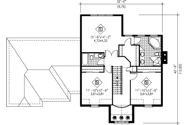 House Blueprint - Floor Plan - Upper Floor for European House Plan #25-213 - 3 bed, 2.5 bath