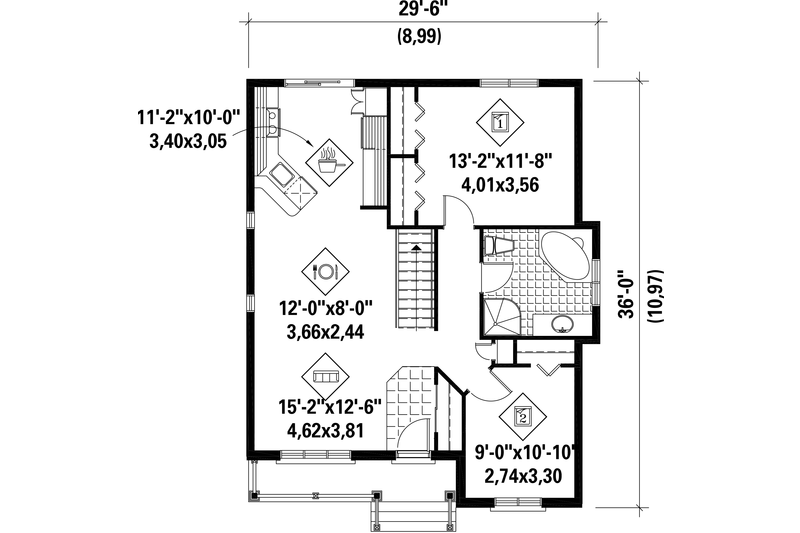 Home Plan - Floor Plan - Main Floor for Country House Plan #25-4533 - 2 bed, 1 bath