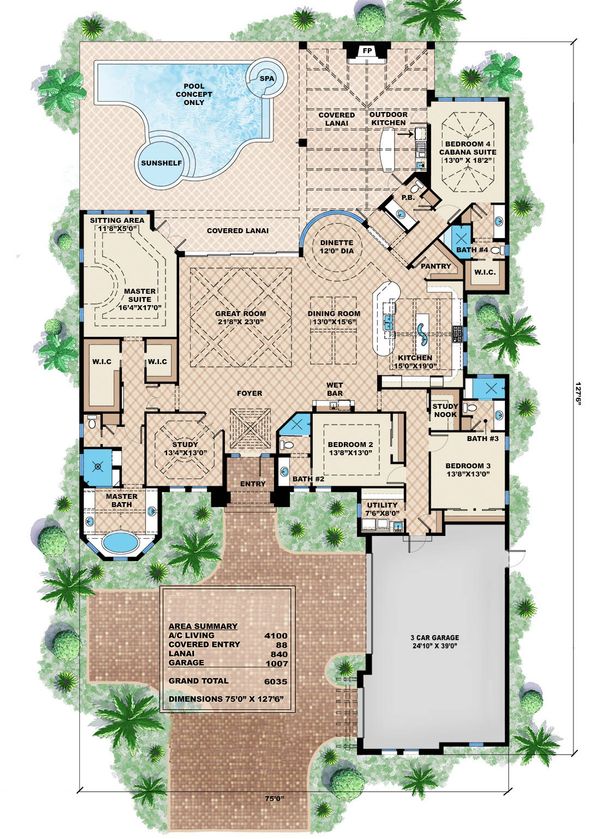 Mediterranean house plan, main level floor plan