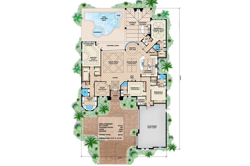 House Plan Design - Mediterranean house plan, main level floor plan