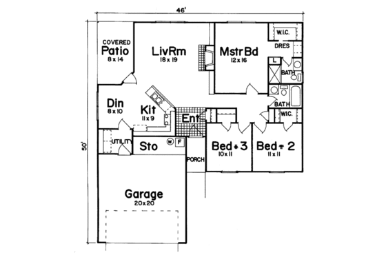Floor Plan - Main Floor for Ranch House Plan #52-105 - 3 bed, 2 bath
