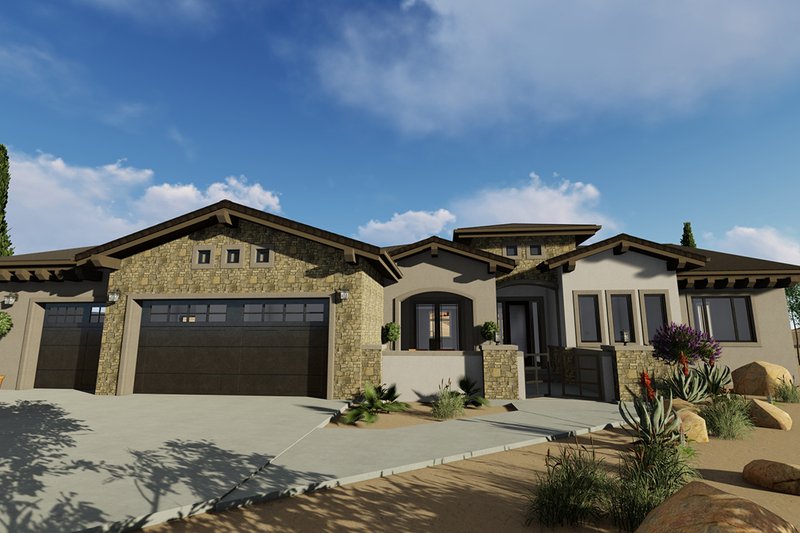 Architectural House Design - Exterior - Front Elevation 3 for Adobe / Southwestern House Plan #1069-16 - 3 bed, 3 bath