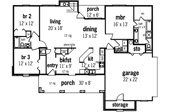 Floor Plan - Main Floor for Mediterranean House Plan #45-238 - 3 bed, 2 bath