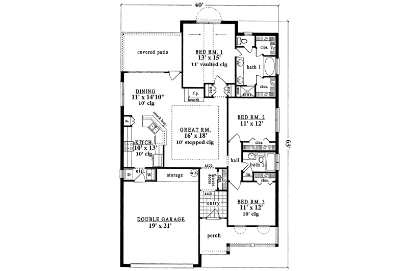 House Design - Floor Plan - Main Floor for Country House Plan #42-609 - 3 bed, 2 bath