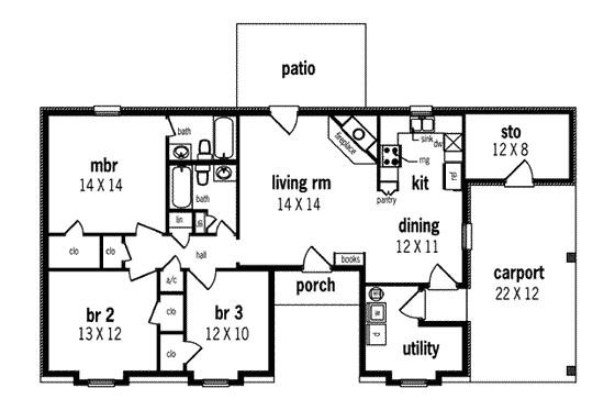 Floor Plan - Main Floor for Ranch House Plan #45-216 - 3 bed, 2 bath