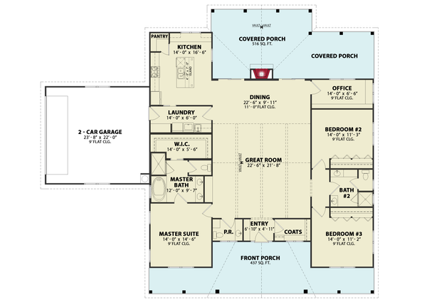 Architectural House Design - Floor Plan - Main Floor for Craftsman House Plan #54-592 - 3 bed, 2.5 bath