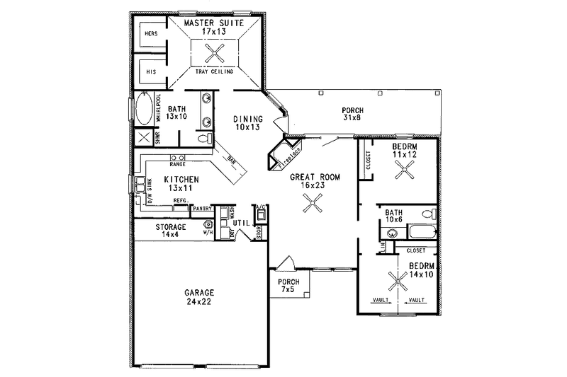 Home Plan - Floor Plan - Main Floor for Mediterranean House Plan #14-156 - 3 bed, 2 bath