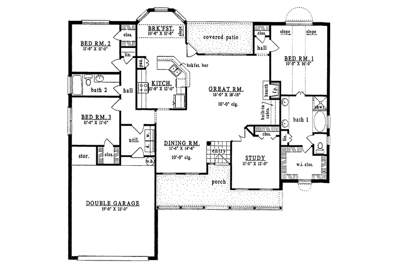 House Blueprint - Floor Plan - Main Floor for Country House Plan #42-485 - 3 bed, 2 bath