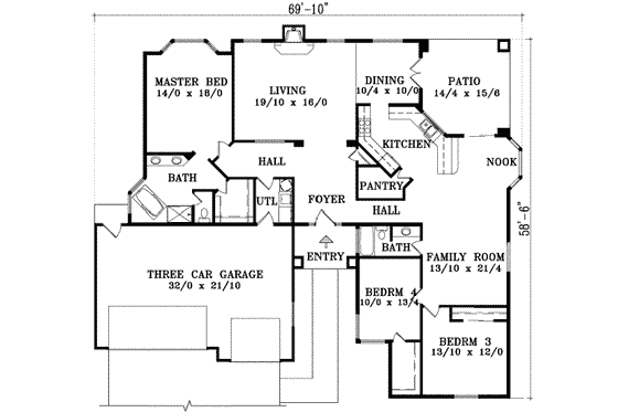Floor Plan - Main Floor for Traditional House Plan #1-1451 - 3 bed, 2 bath