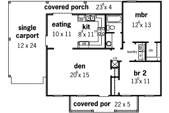 Floor Plan - Main Floor for Southern House Plan #16-254 - 2 bed, 1 bath