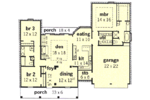 Floor Plan - Main Floor for Southern House Plan #16-144 - 3 bed, 2 bath
