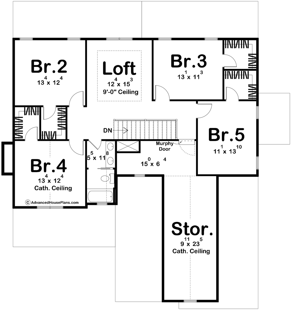 House plan of an upper level with bedrooms, closets, a loft, and storage.