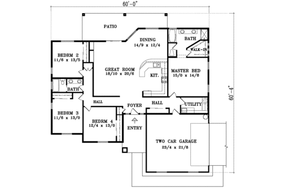 Floor Plan - Main Floor for Adobe / Southwestern House Plan #1-1424 - 4 bed, 2 bath