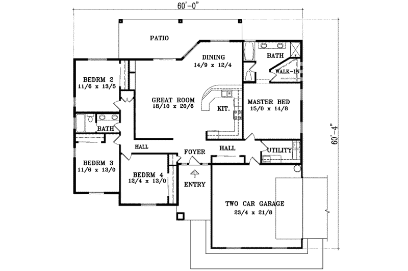 Home Plan - Floor Plan - Main Floor for Adobe / Southwestern House Plan #1-1424 - 4 bed, 2 bath