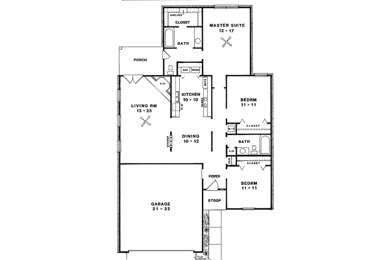 House Design - Floor Plan - Main Floor for Traditional House Plan #14-137 - 3 bed, 2 bath