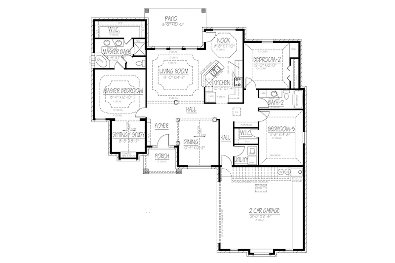 House Blueprint - Floor Plan - Main Floor for Ranch House Plan #1061-17 - 3 bed, 2 bath