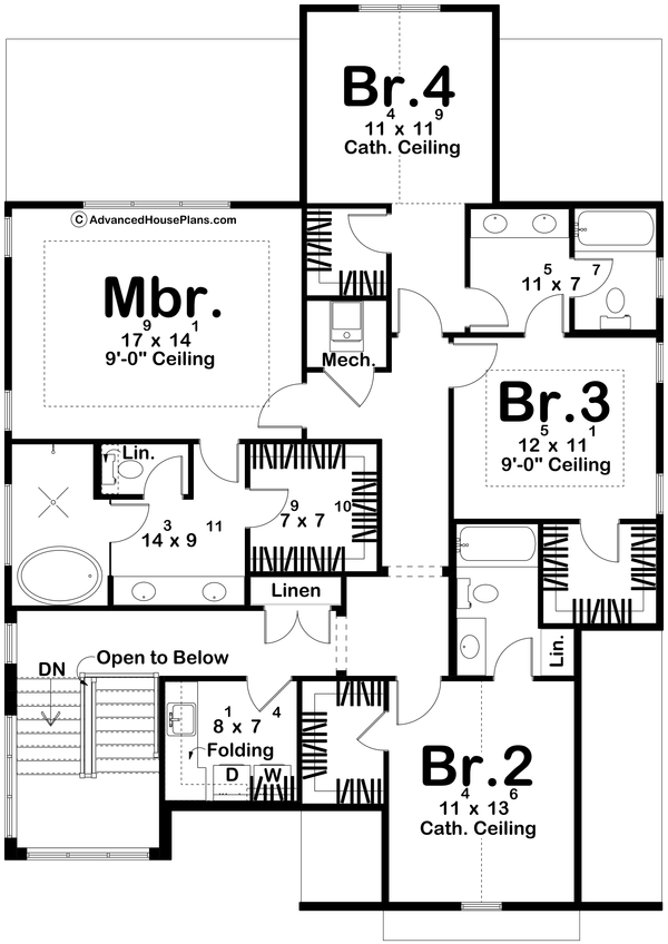 House Blueprint - Floor Plan - Upper Floor for Cottage House Plan #455-819 - 4 bed, 3.5 bath