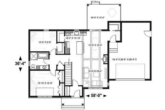 Floor Plan - Main Floor for Ranch House Plan #23-2665 - 2 bed, 1 bath