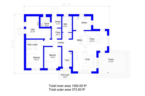 Floor Plan - Main Floor for Bungalow House Plan #549-28 - 2 bed, 1 bath
