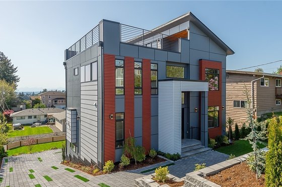 Exterior - Front Elevation for Modern House Plan #1066-67 - 4 bed, 3.5 bath