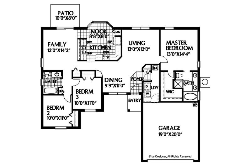 Architectural House Design - Floor Plan - Main Floor for Ranch House Plan #999-43 - 3 bed, 2 bath