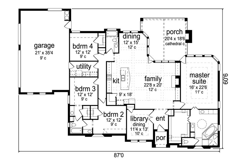 House Plan Design - Floor Plan - Main Floor for Tudor House Plan #84-591 - 4 bed, 3 bath