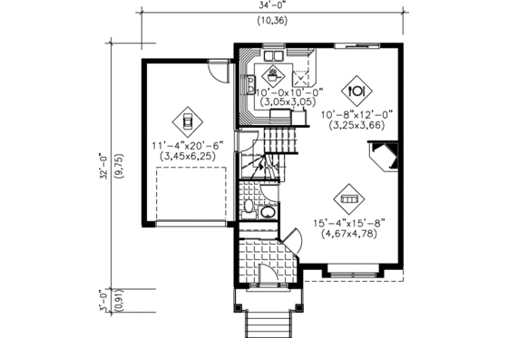 Floor Plan - Main Floor for European House Plan #25-223 - 3 bed, 1.5 bath