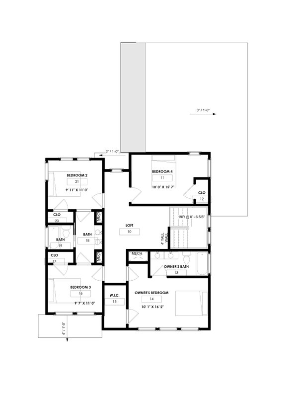 Home Plan - Floor Plan - Upper Floor for Contemporary House Plan #1129-14 - 4 bed, 2.5 bath