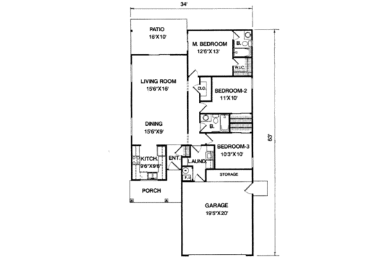 Floor Plan - Main Floor for Ranch House Plan #116-204 - 3 bed, 2 bath