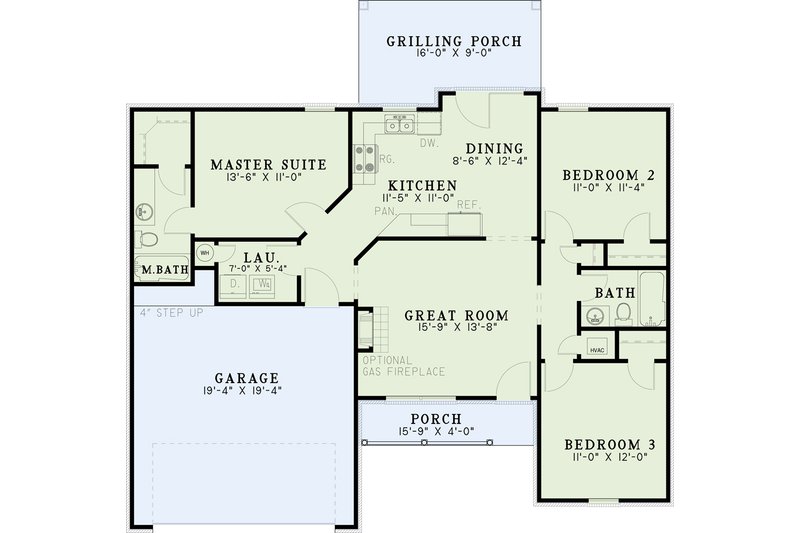 House Blueprint - Floor Plan - Main Floor for Country House Plan #17-3021 - 3 bed, 2 bath