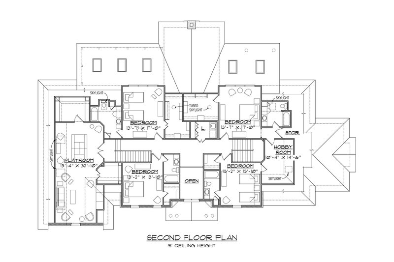 House Blueprint - Floor Plan - Upper Floor for European House Plan #1054-76 - 5 bed, 5.5 bath