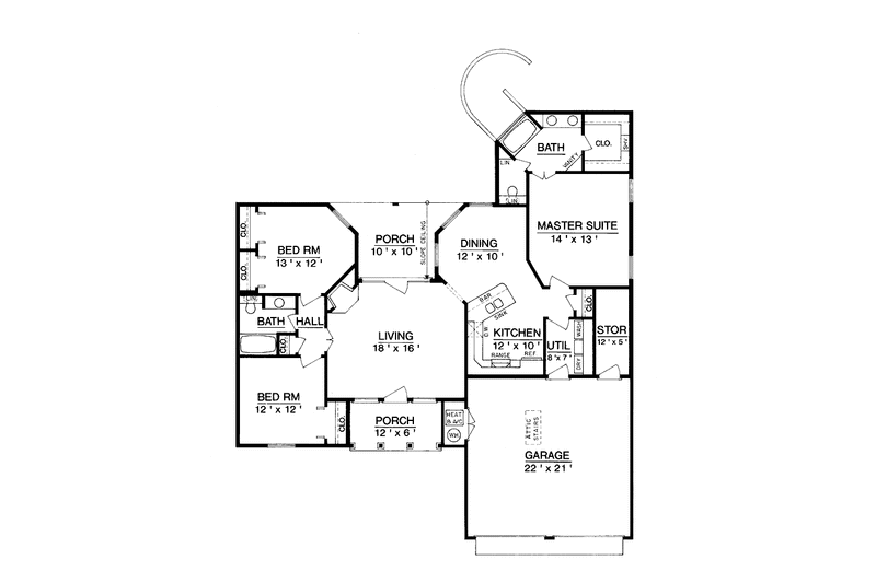 Architectural House Design - Floor Plan - Main Floor for Classical House Plan #45-381 - 3 bed, 2 bath