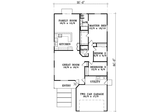 Floor Plan - Main Floor for Ranch House Plan #1-1271 - 3 bed, 2 bath