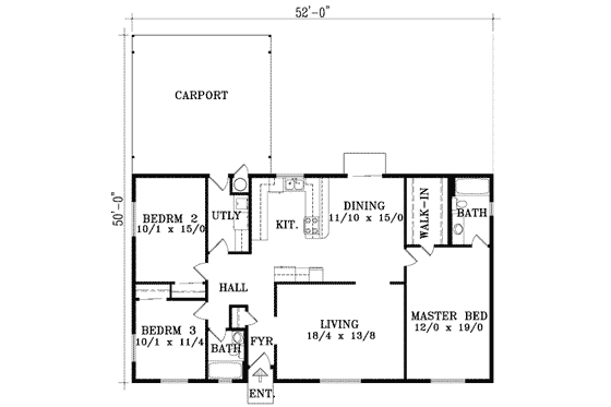 Floor Plan - Main Floor for Ranch House Plan #1-1286 - 3 bed, 2 bath