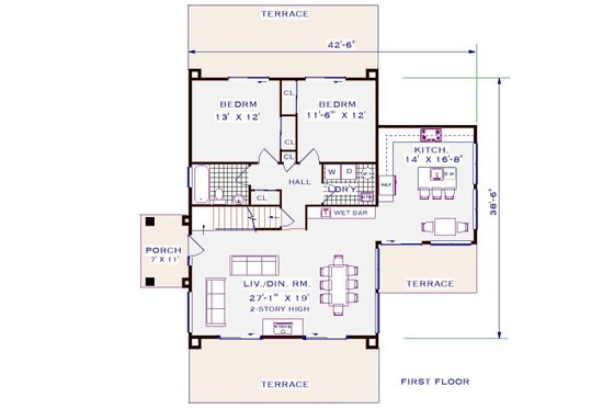 Floor Plan - Main Floor for Cottage House Plan #3-348 - 3 bed, 2 bath