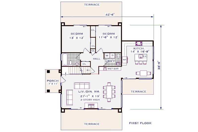 House Design - Floor Plan - Main Floor for Cottage House Plan #3-348 - 3 bed, 2 bath