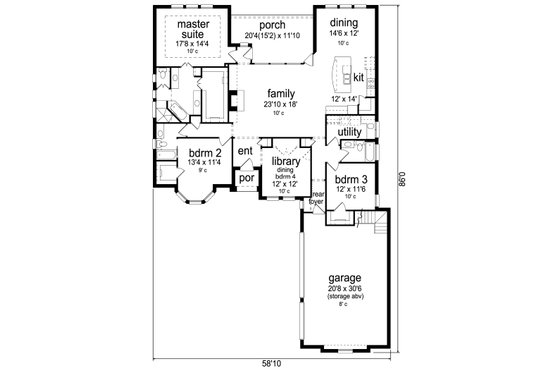 Floor Plan - Main Floor for European House Plan #84-581 - 3 bed, 3 bath