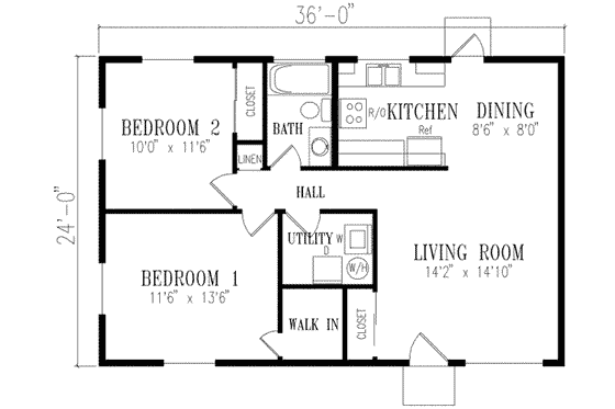 Floor Plan - Main Floor for Ranch House Plan #1-120 - 2 bed, 1 bath