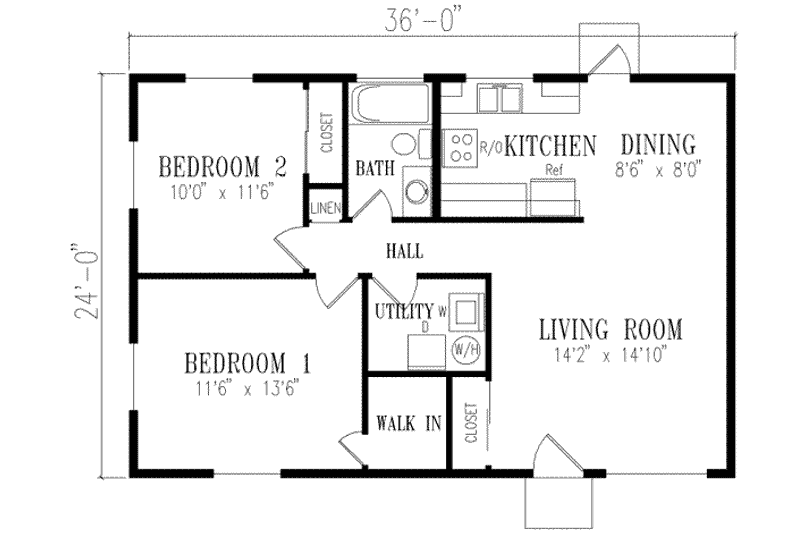 Dream House Plan - Floor Plan - Main Floor for Ranch House Plan #1-120 - 2 bed, 1 bath