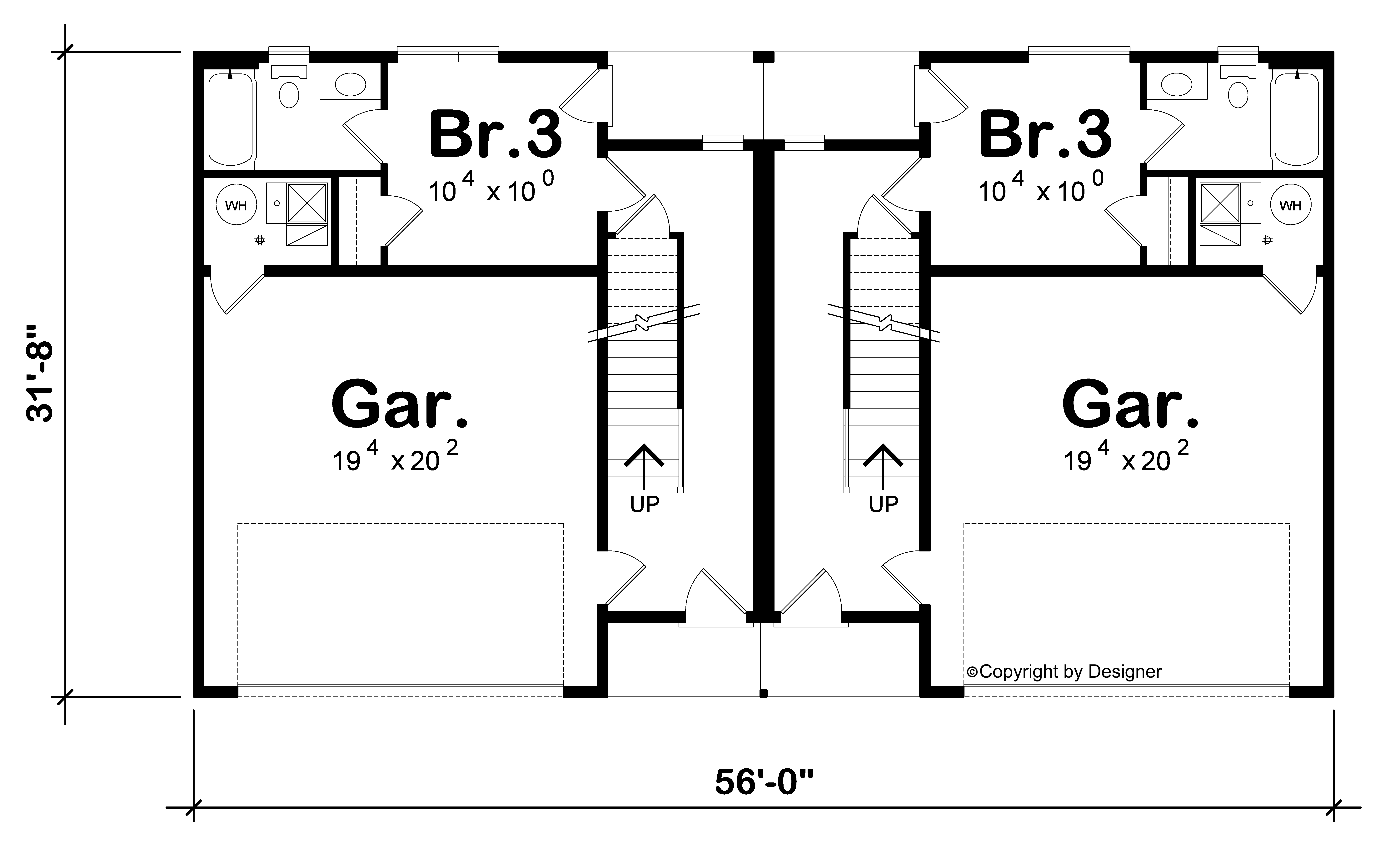 Floor plan for a duplex with garage and a bedroom suite on each side