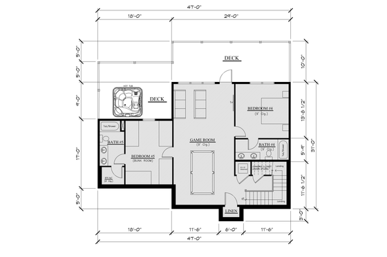 Floor Plan - Lower Floor for Cabin House Plan #123-118 - 5 bed, 5 bath