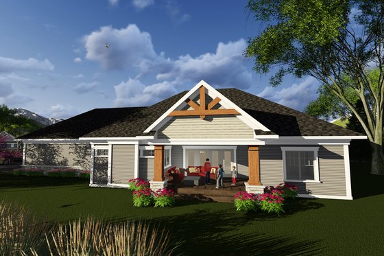 Exterior - Rear Elevation for Ranch House Plan #70-1277 - 2 bed, 1.5 bath