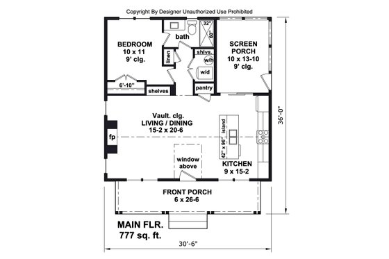 Floor Plan - Main Floor for Farmhouse House Plan #51-1428 - 1 bed, 1 bath