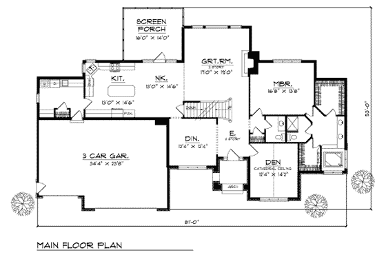Floor Plan - Main Floor for Traditional House Plan #70-431 - 3 bed, 2.5 bath