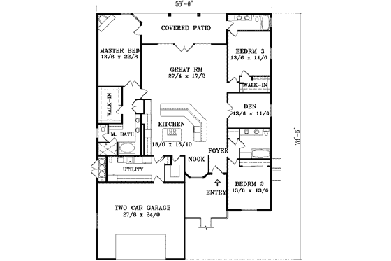 Floor Plan - Main Floor for Ranch House Plan #1-1200 - 4 bed, 3 bath