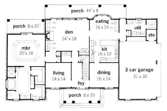 Floor Plan - Main Floor for Southern House Plan #16-235 - 4 bed, 3.5 bath